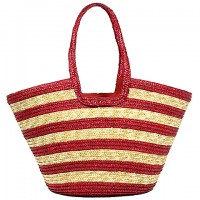 Straw Tote – 12 PCS Striped Woven Wheat Straw Tote - Red - BG-B11047RD